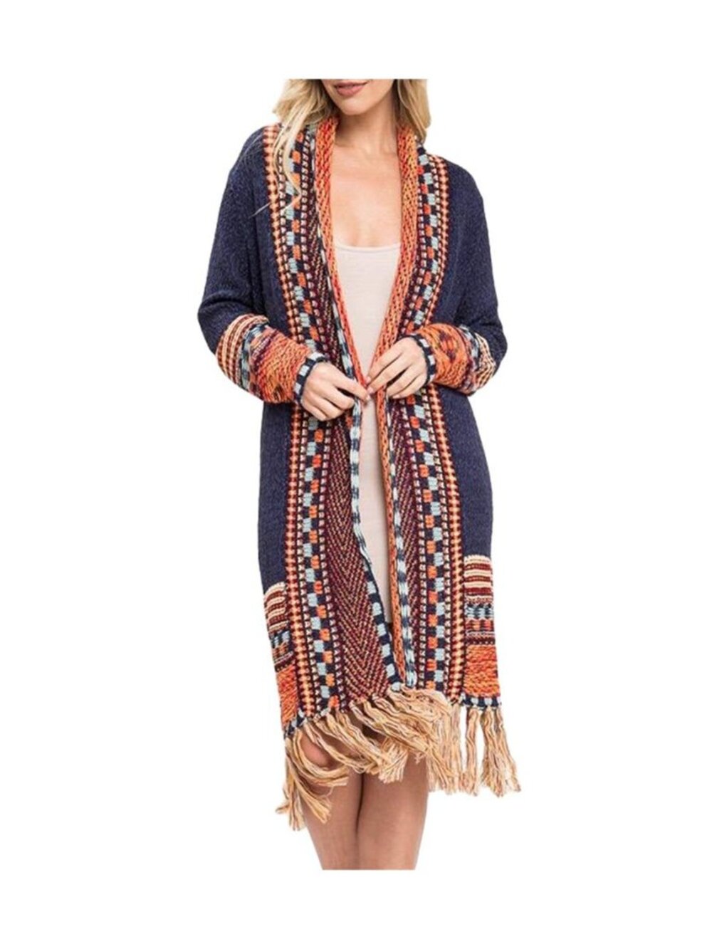Women Boho Cardigan Sweater Long Open Front Maxi Knit Sweaters Aztec Tribal